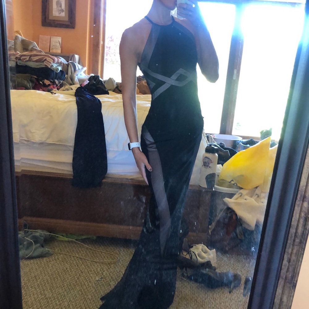 Beautiful high neck, open back Black and Tan dress